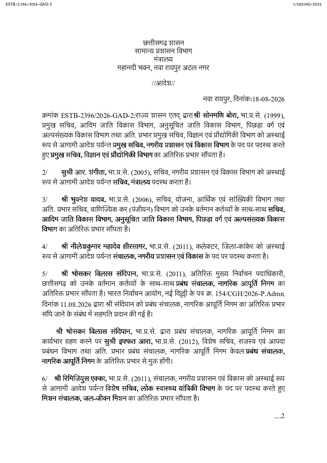 Chhattisgarh Government Orders Major IAS Reshuffle, 23 Officers Reassigned
